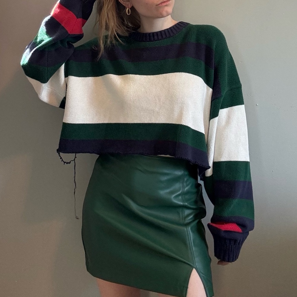 Hathaway 90s Vintage Reworked Knit Stripe Color block Cropped Sweater.